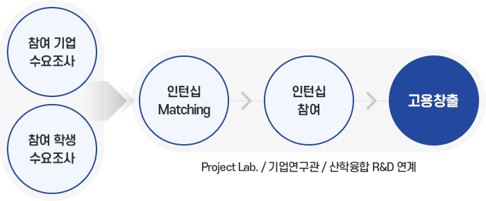 참여기업 수요조사, 참여학생 수요조사 → 인턴십 matching → 인턴십 참여 → 고용창출 : Project Lab. / 기업연구관 / 산학융합 R&D 연계