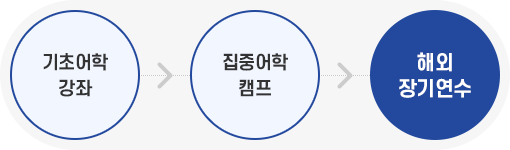 기초어학 강좌 → 집중어학 캠프 → 해외 장기연수